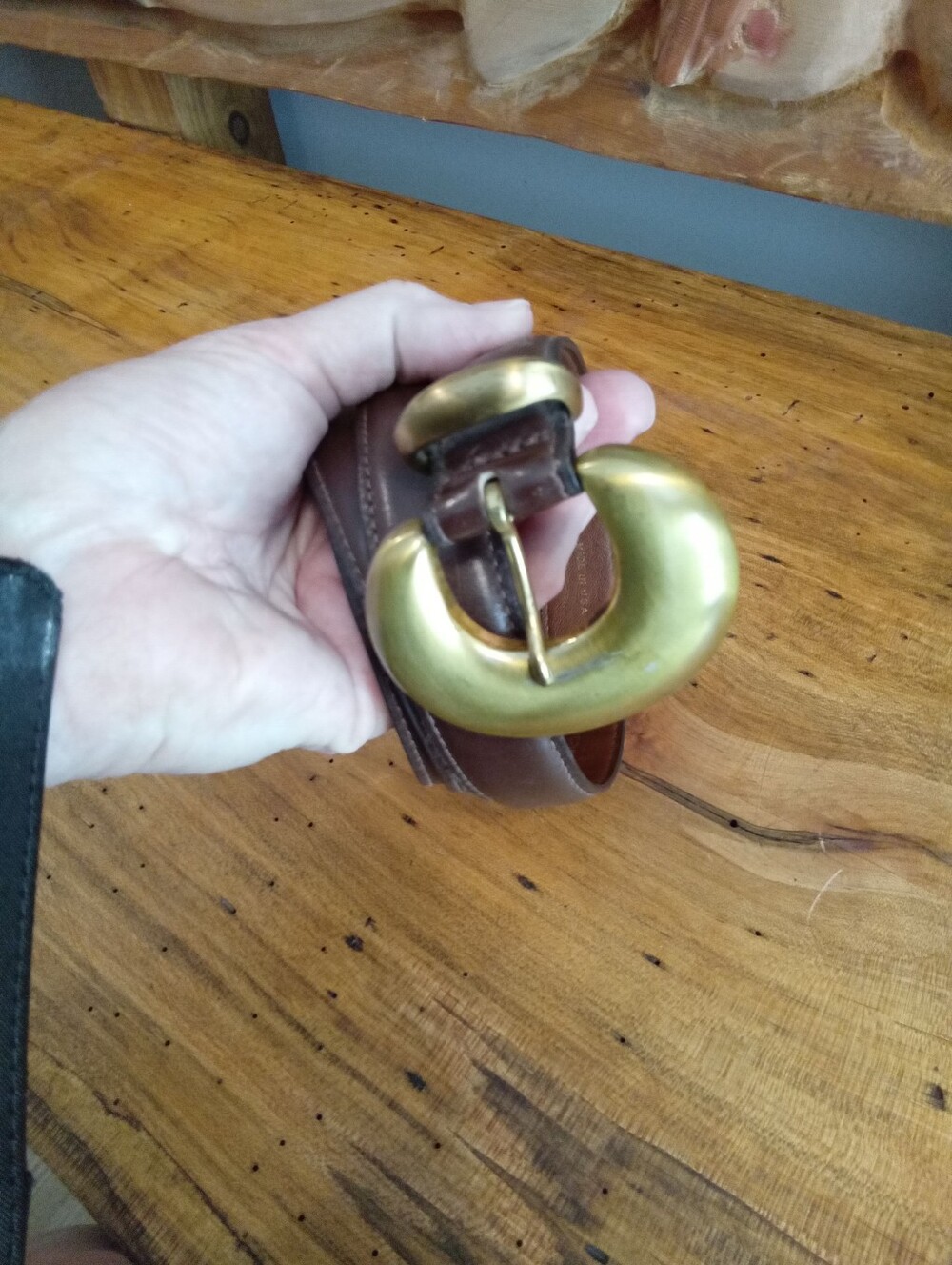 Vintage 1980's Dark Brown Leather XL Belt Wyatt Brass Organic Solid Oval Buckle - Picture 2 of 8
